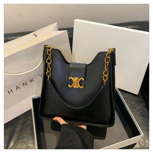 Celine Triomphe Chain Shoulder Bag Leather Handbag Black