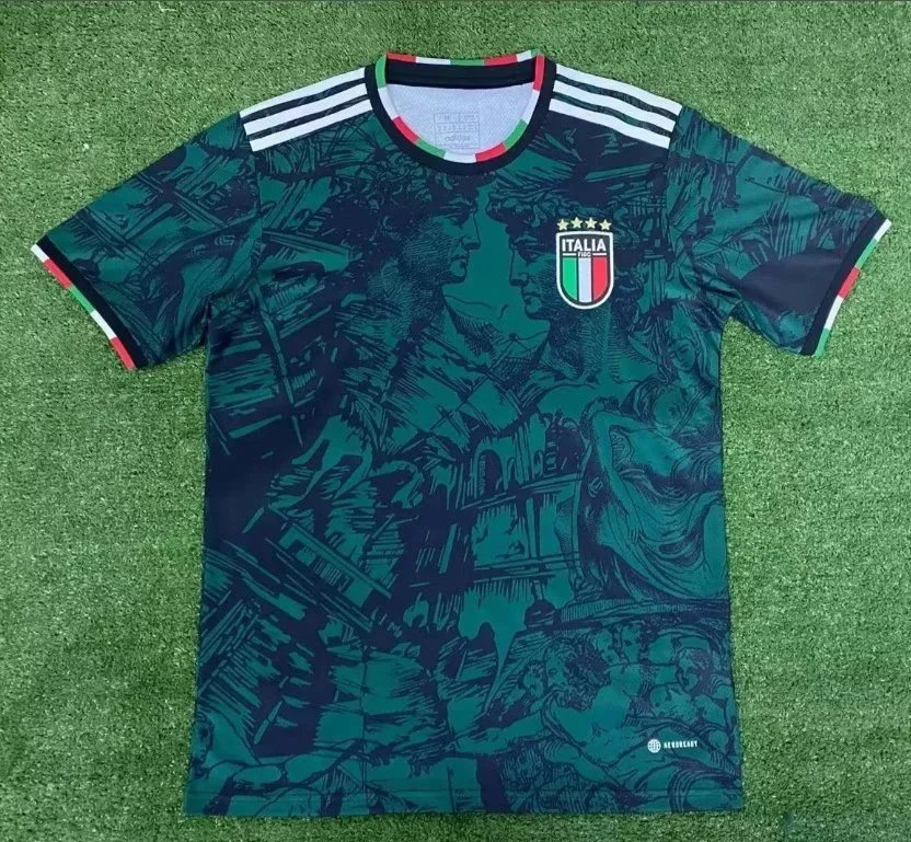 Italy’s pre-match training jersey is green. Italy’s pre-match training jersey is green.