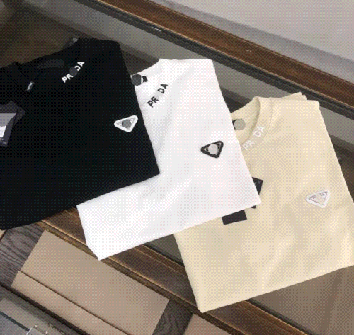 Prada Triangle Patch Cotton T-Shirt Black White and Beige