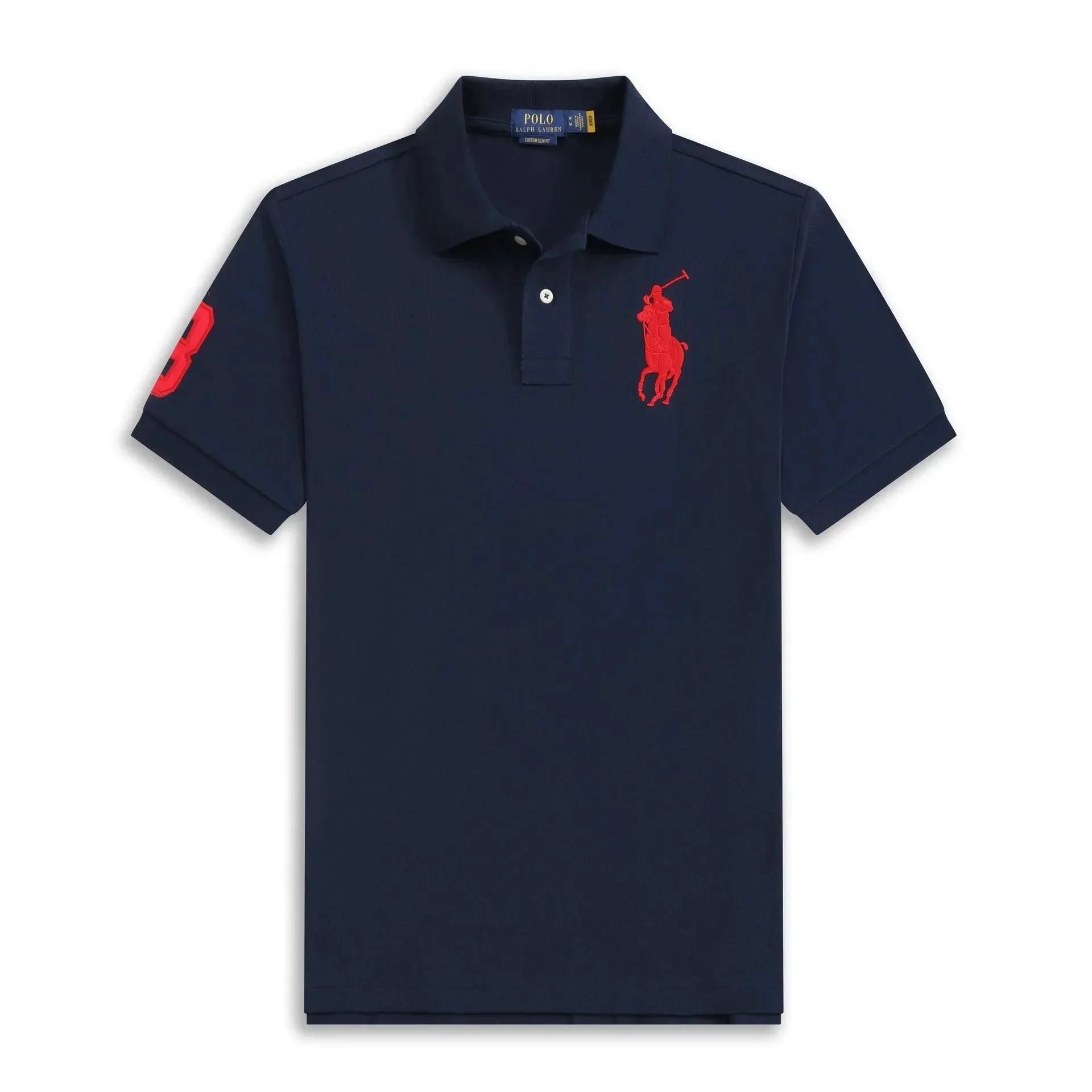 Royal blue with a red label