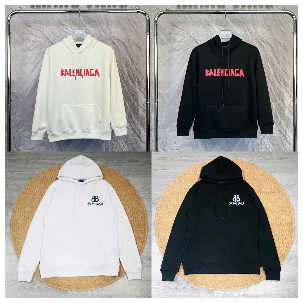 Balenciaga Logo Print Casual Hoodie Black and White