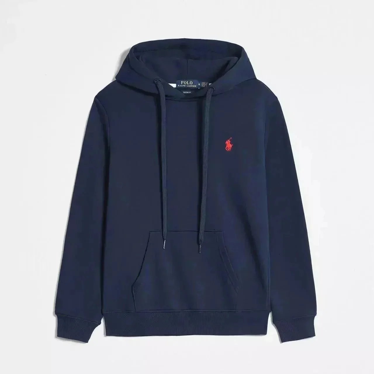 Navy blue pullover sweatshirt with a red logo Navy blue pullover sweatshirt with a red logo