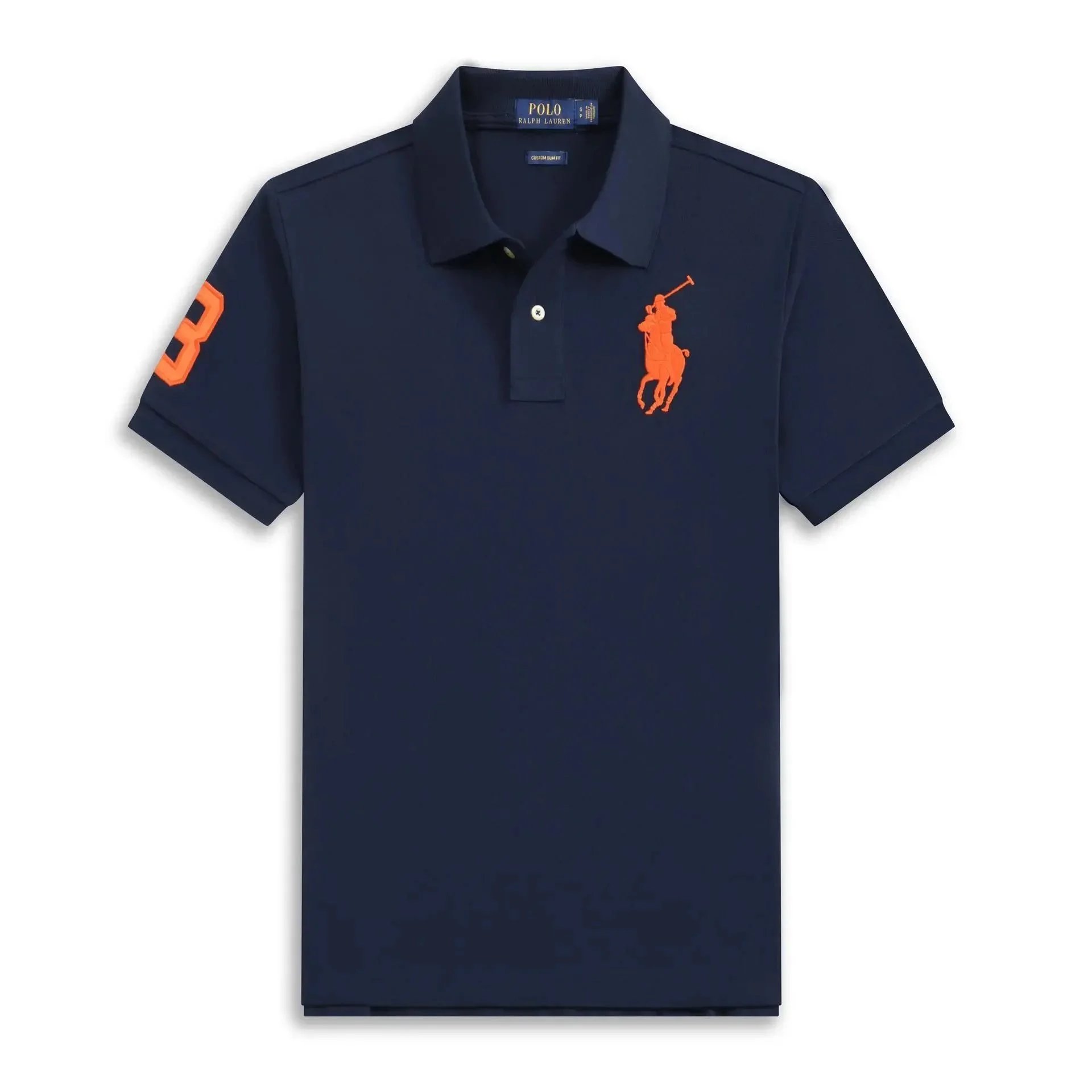 Royal blue with an orange label Royal blue with an orange label