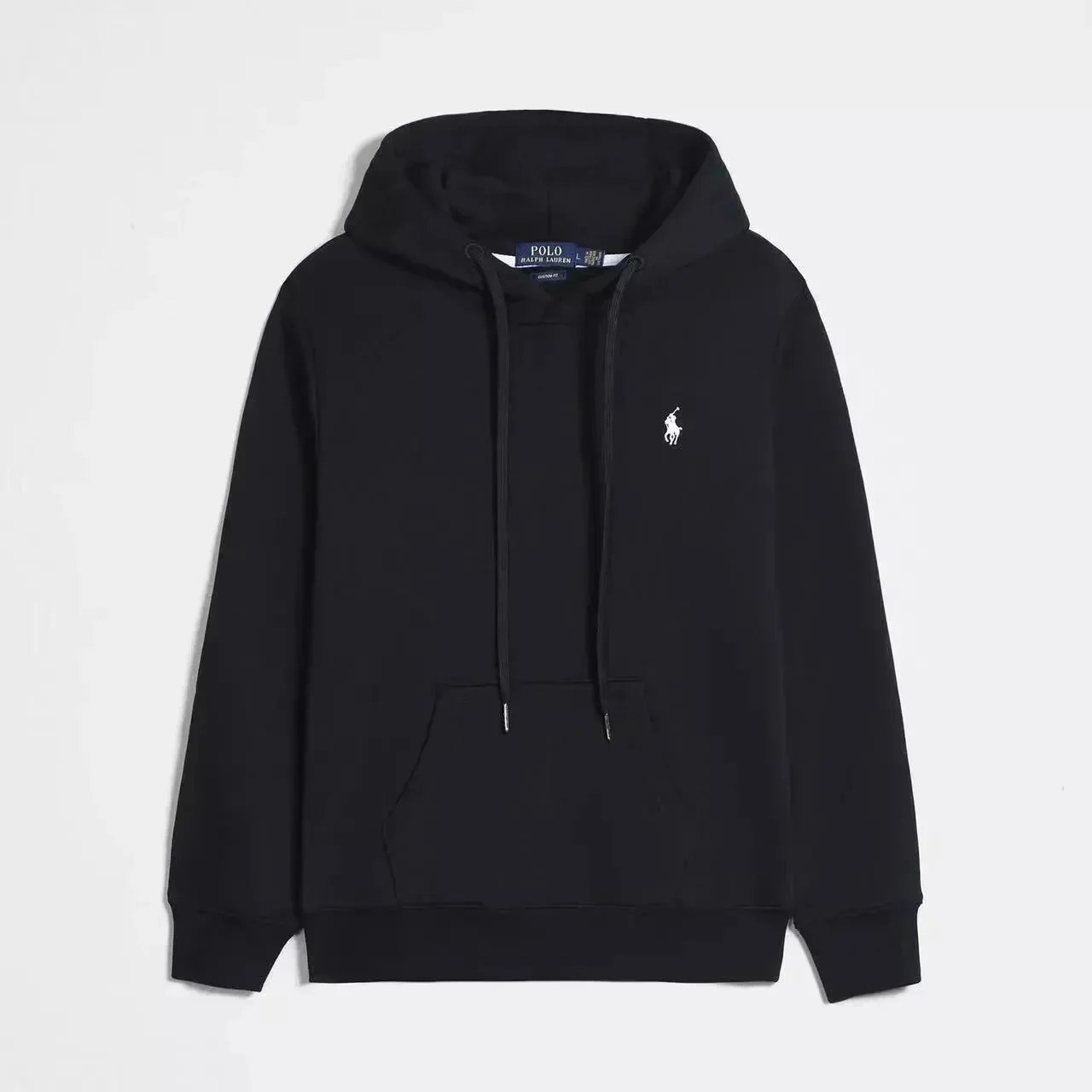 Black pullover hoodie with a white label Black pullover hoodie with a white label